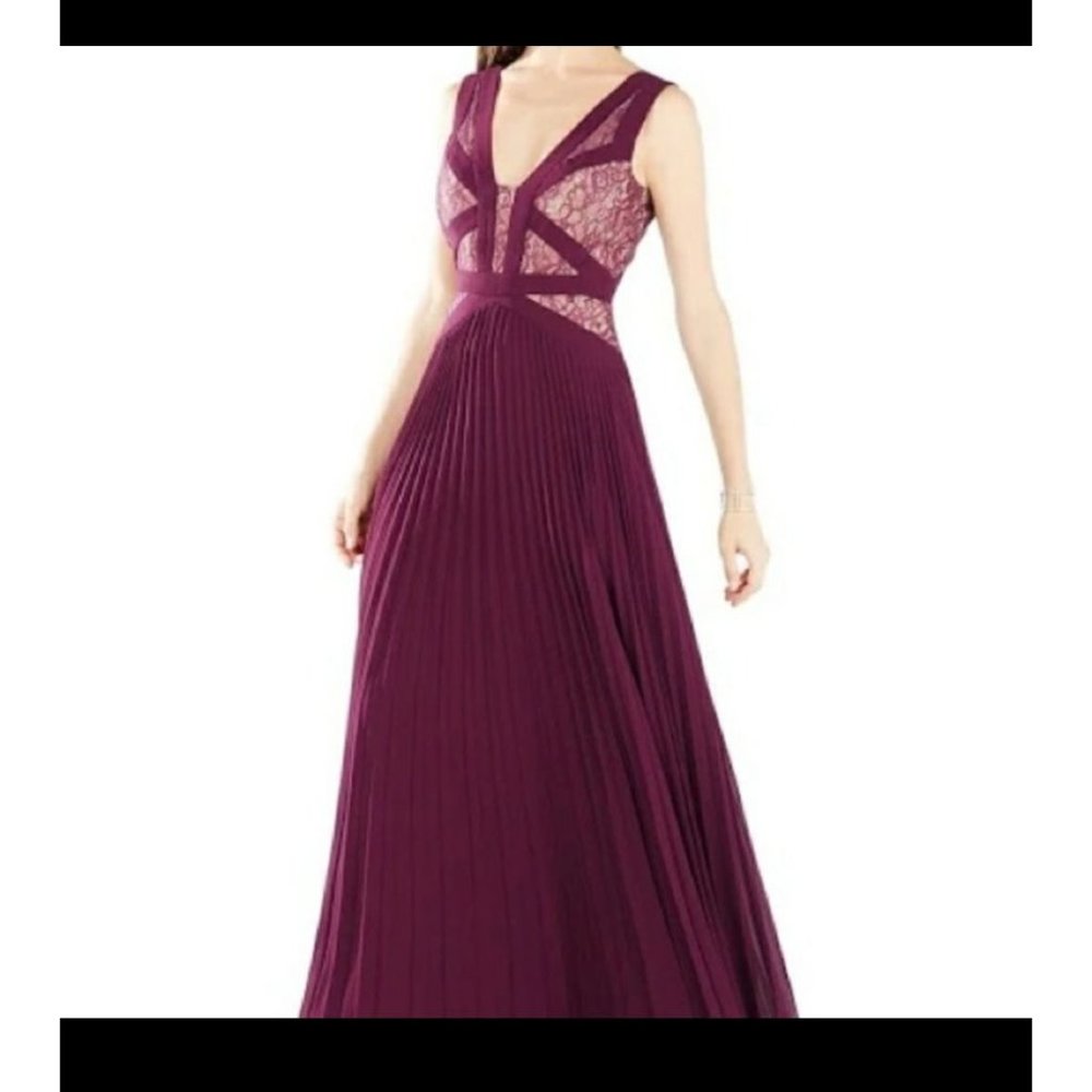 BCBG MAXAZRIA Dress Evonne Lace Blocked Pleated Gown Deep Port Wine Size 6